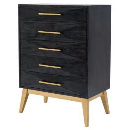 Leonardo Black Wash Cabinet 5 Drawers Gold Legs